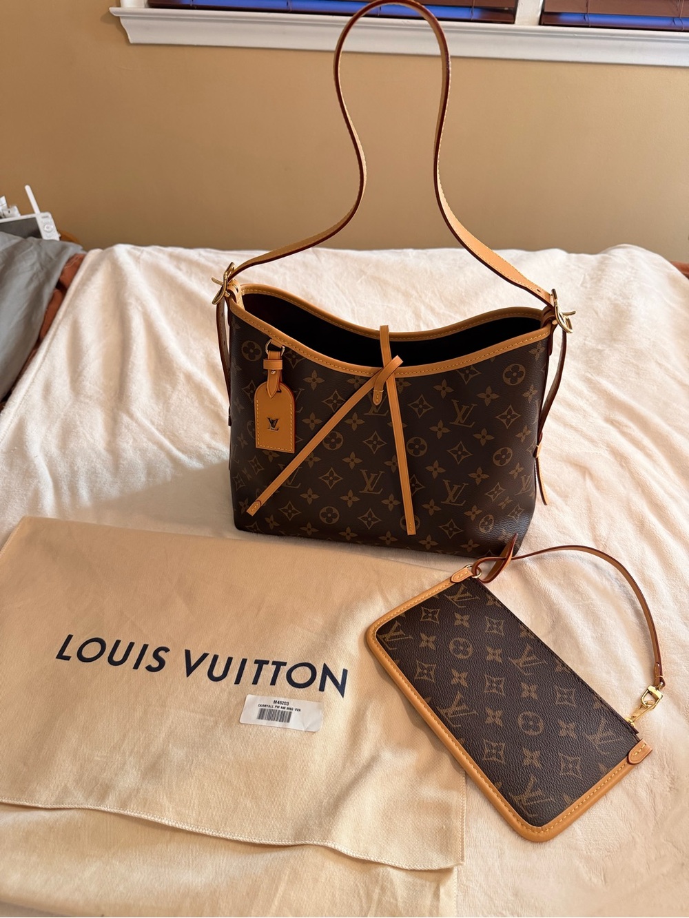 Louis Vuitton Monogram Canvas Shoulder Bag with Tan Trim and Pouch